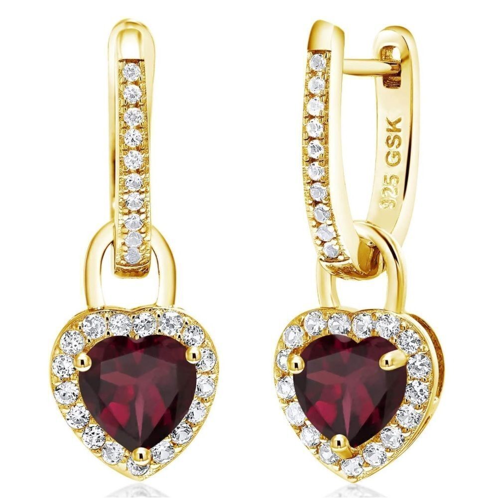 18K Yellow Gold 925 1.94 Cttw Rhodolite Garnet and White Sapphire Heart Earrings